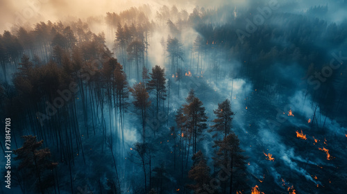 Wild forest fire. Burned trees after forest fires, lots of smoke. Natural disasters concept. Aerial view. Generative AI