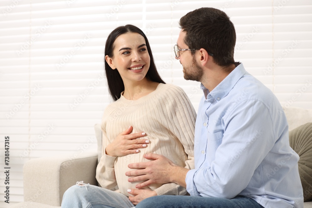 Happy pregnant woman spending time with her husband on sofa at home Happy pregnant woman spending time with her husband on sofa at home