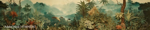 Jungle landscape. Retro wallpaper in watercolor style. © Simon