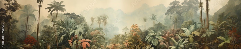 Jungle landscape. Retro wallpaper in watercolor style.