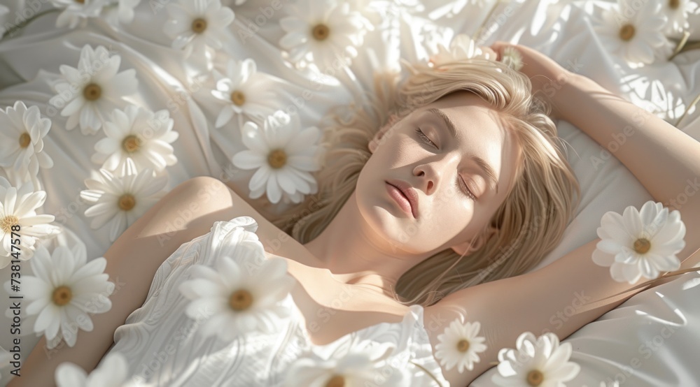 a woman in a white dress laying on a bed of white daisies with her eyes closed and eyes closed. a woman in a white dress laying on a bed of white daisies with her eyes closed and eyes closed.