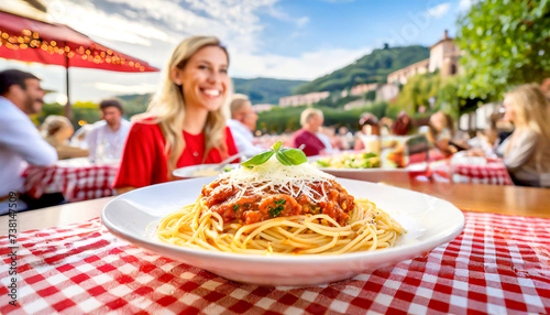 Spaghetti Bolognese, im Hintergrund ein Restaurant mit fröhlichen Menschen  photo