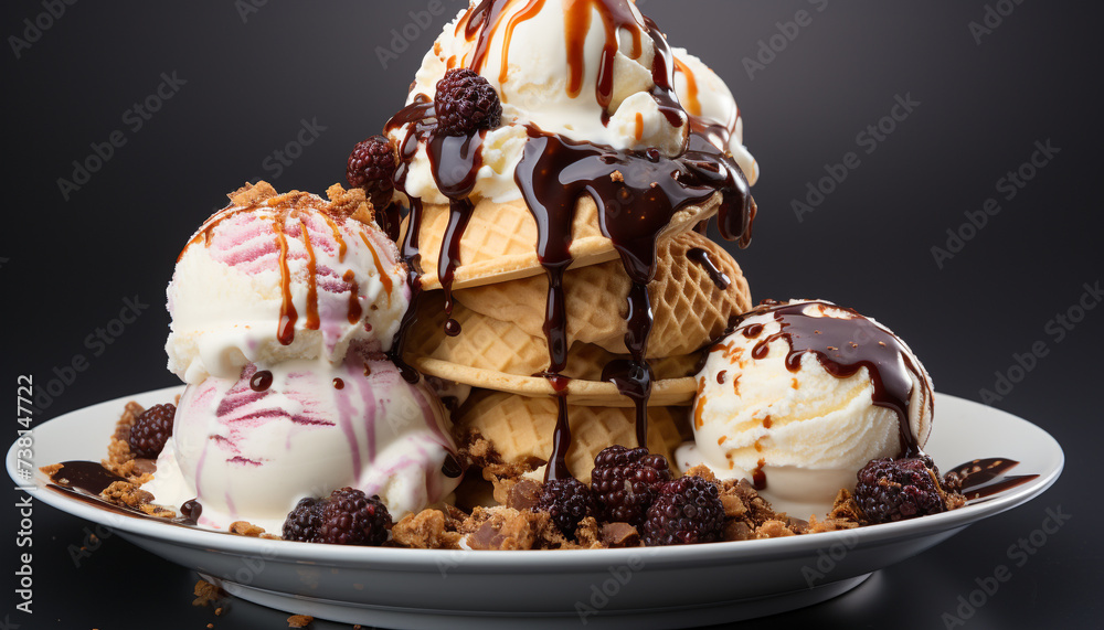 Homemade chocolate ice cream with fresh raspberry sauce on top generated by AI Homemade chocolate ice cream with fresh raspberry sauce on top generated by AI