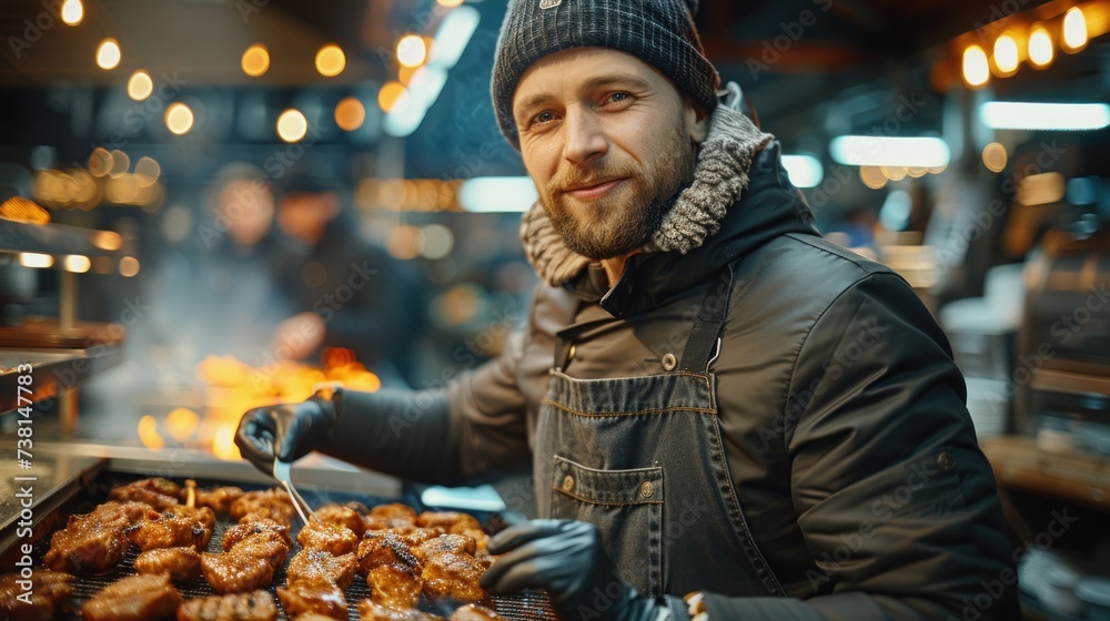 a man standing in front of a grill holding a pan filled with fried food and a fork in his hand.