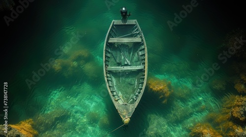 a boat floating on top of a body of water next to a lush green forest covered with lots of trees. photo