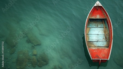 a red boat floating on top of a body of water next to a rocky shore with rocks in the water. photo