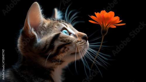 a close up of a cat with a flower in it's mouth and a black background with an orange flower in the foreground.