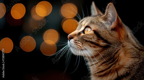 a close up of a cat's face with a blurry background of boke of lights in the background. photo