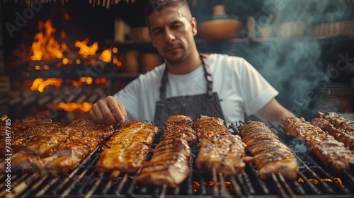 a man cooking meat on a grill in front of a bunch of other meats on a grill with smoke coming out of it.