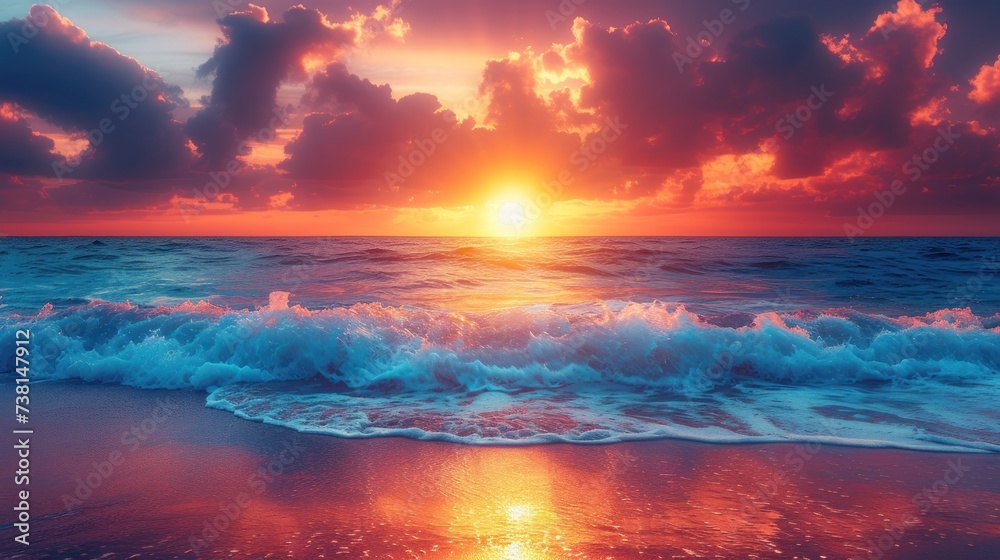 a painting of a sunset over the ocean with a wave coming in to the shore and clouds in the sky. a painting of a sunset over the ocean with a wave coming in to the shore and clouds in the sky.