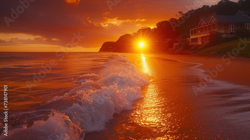 a sunset view of a beach with waves crashing in front of a house and the sun setting in the distance.