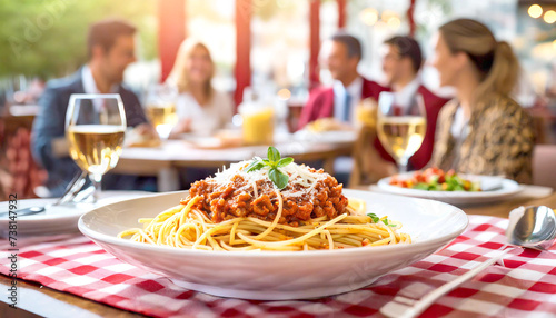 Spaghetti Bolognese, im Hintergrund ein Restaurant mit fröhlichen Menschen 