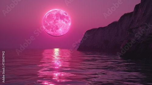 a pink moon rising over a body of water with a rock outcropping on the other side of the water. photo