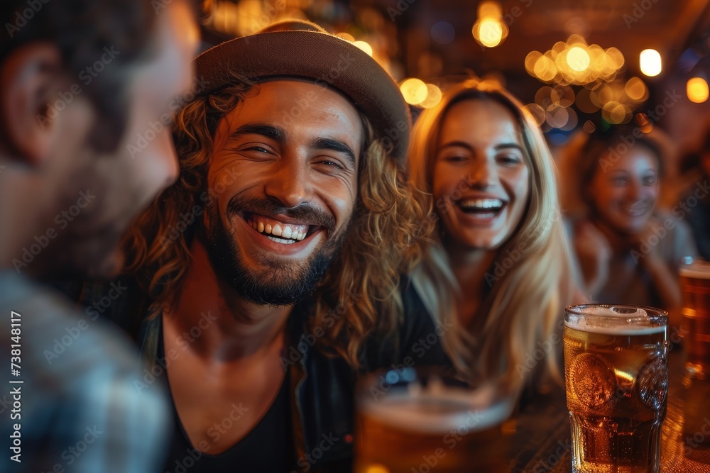 A group of friends experiencing genuine laughter and enjoyment in the friendly atmosphere of a dimly lit bar A group of friends experiencing genuine laughter and enjoyment in the friendly atmosphere of a dimly lit bar