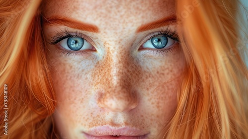 a close up of a woman's face with freckles of freckles on her face and blue eyes.