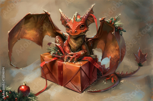 a red dragon sitting on top of a present box with a red ribbon around it's neck and wings.