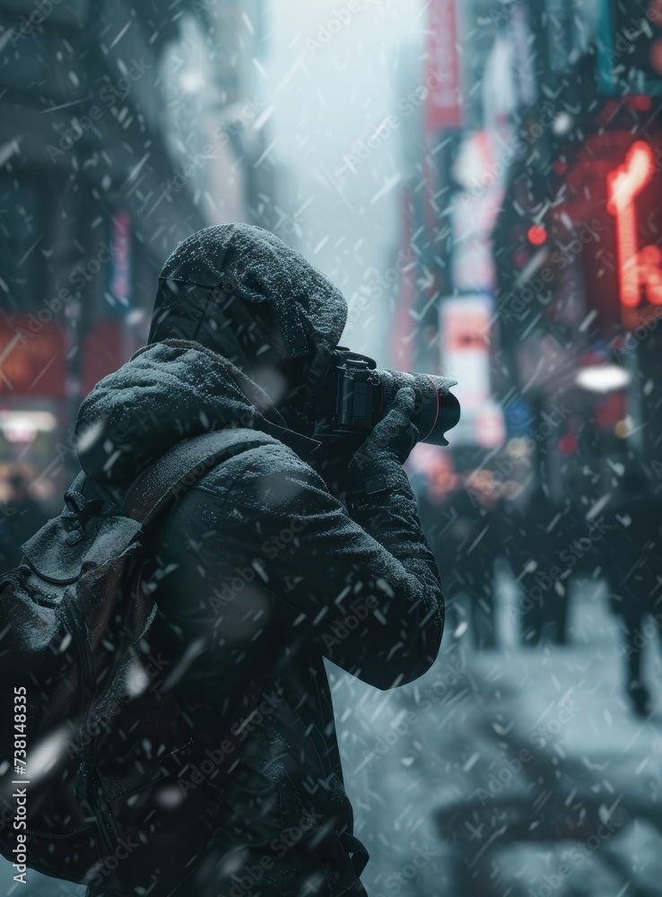 a man standing in the snow with a camera in his hand and a neon sign on the side of the street in the background. a man standing in the snow with a camera in his hand and a neon sign on the side of the street in the background.