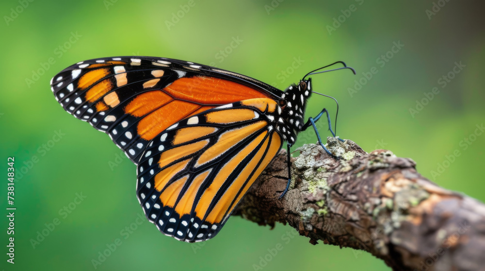 A Monarch butterfly with intricately patterned orange and black wings resting on a textured, brown surface against a blurred green background. A Monarch butterfly with intricately patterned orange and black wings resting on a textured, brown surface against a blurred green background.