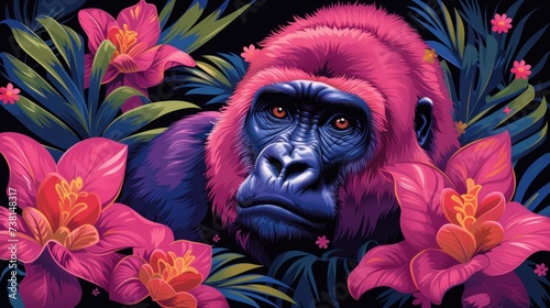 a painting of a gorilla with pink flowers in the foreground and a dark background with pink flowers in the foreground.