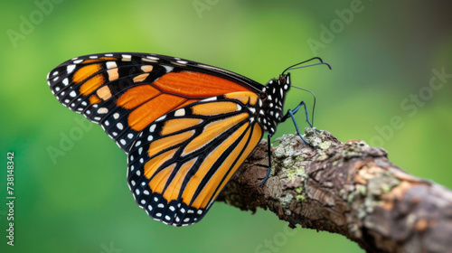 A Monarch butterfly with intricately patterned orange and black wings resting on a textured, brown surface against a blurred green background.