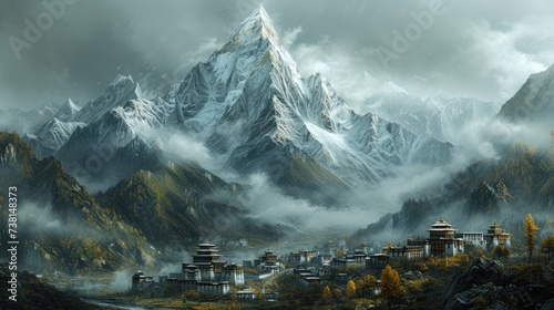 a painting of a mountain with a village in the foreground and a river running through the middle of it.