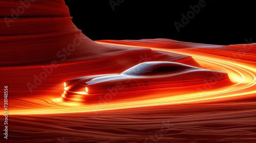 a picture of a car in the middle of a desert with a bright light coming from the top of the car.