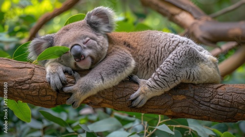 a koala sleeping on a tree branch with its head resting on a branch with its mouth open and it's eyes closed. photo