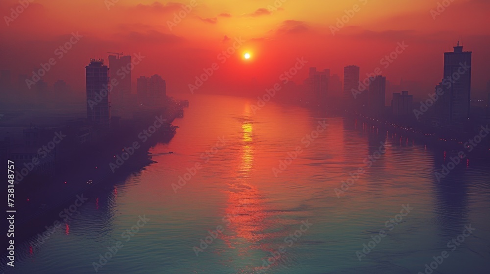 the sun is setting over a body of water with a large city in the distance in the middle of the picture.