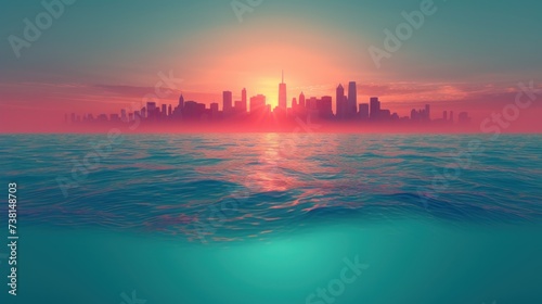a large body of water with a cityscape in the background and the sun setting in the sky over the water.