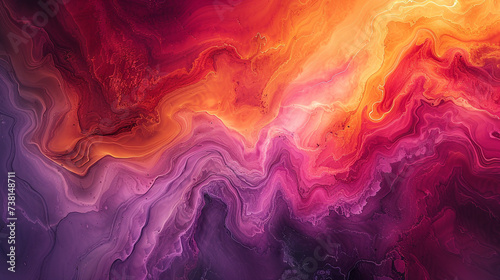 Radiant bursts of fiery reds, sun-kissed oranges, and deep purples creating a dynamic symphony of abstract hues on marble.