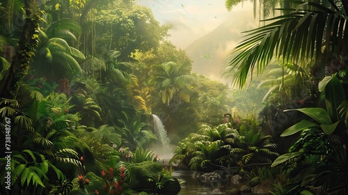 Rainforest landscape. Watercolor wallpaper pattern.
