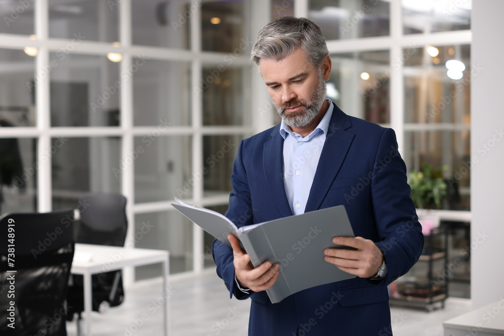 Handsome man with folder in office, space for text. Lawyer, businessman, accountant or manager Handsome man with folder in office, space for text. Lawyer, businessman, accountant or manager