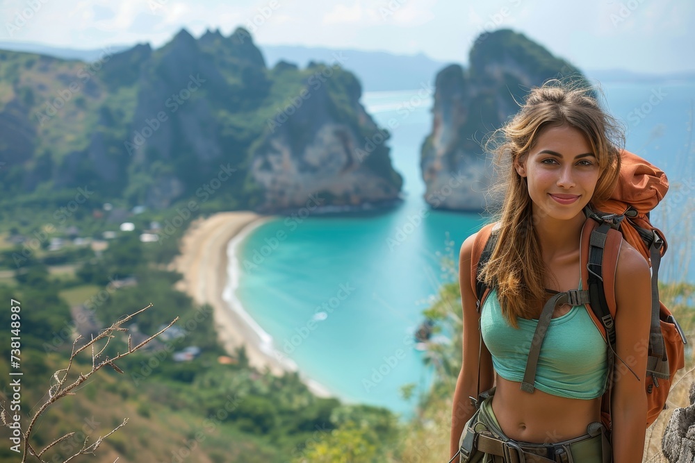 Obraz premium Woman in hiking gear poses on a cliff overlooking a serene bay with turquoise waters