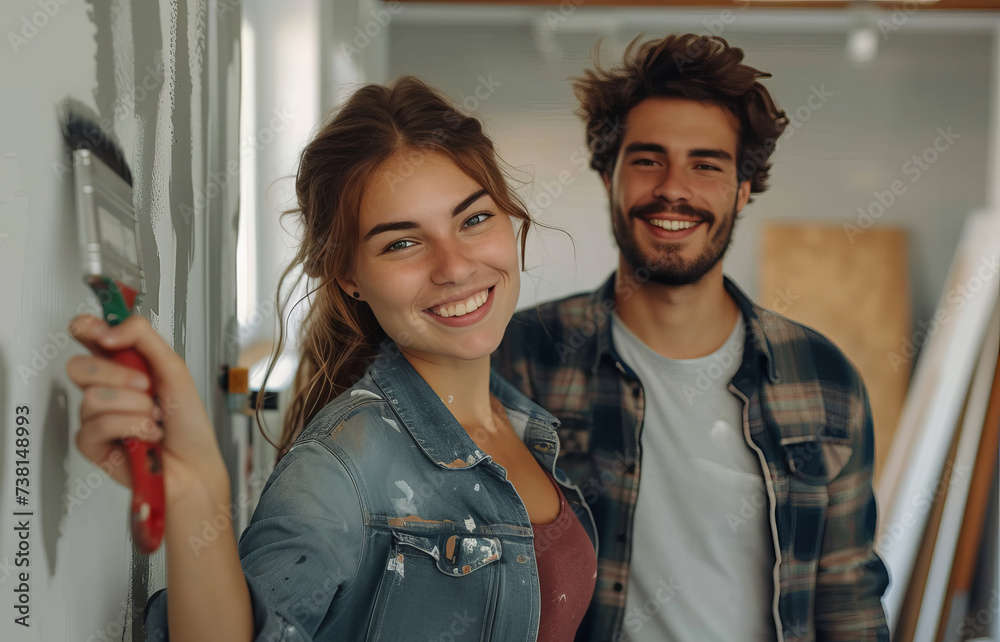 Obraz premium Young couple happily painting home interior wall, smiling at camera, woman holding red paintbrush