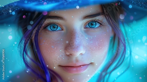 a close up of a woman with blue eyes and a blue hat on her head with snow flakes all over her face. photo