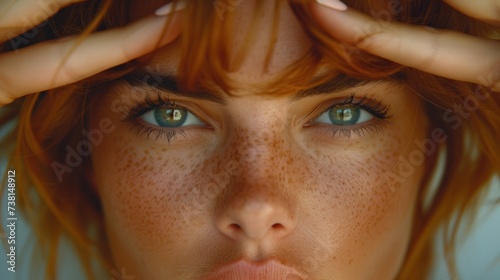 a close up of a woman's face with freckled hair and freckled freckled eyes. photo