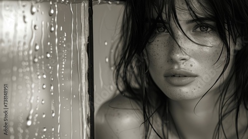 a black and white photo of a woman with freckled hair and freckled make - up posing in front of a shower. photo