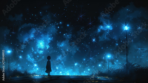 a person standing in the middle of a street under a night sky filled with stars and a lot of stars.