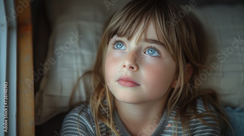 a close up of a child laying on a bed with a pillow in front of her and a pillow behind her.
