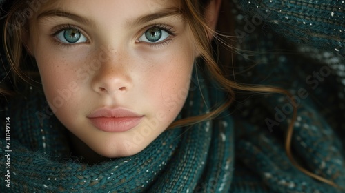 a close up of a child's face with blue eyes and a green shawl on top of her head. photo