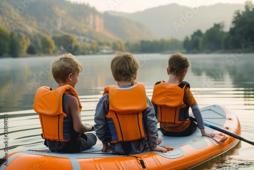 Three kids with life jackets sitting on an inflatable boat, surrounded by calm waters and hills reflecting nature's serenity photo