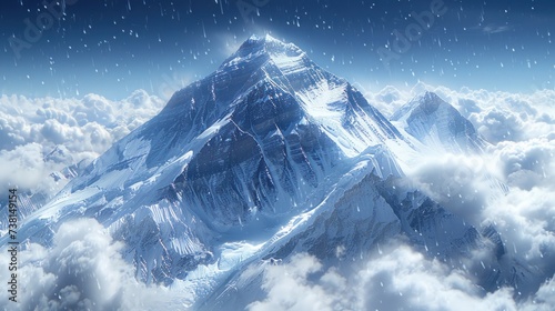 a snow covered mountain in the middle of a blue sky with white clouds and rain falling on top of it.