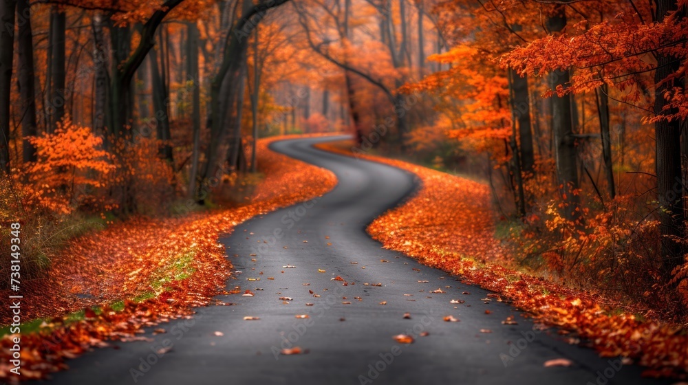 a road in the middle of a forest with leaves on the ground and trees with orange leaves on the ground.
