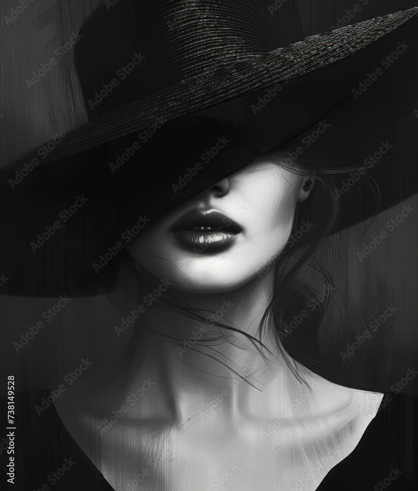 a black and white photo of a woman's face with a hat on her head and black lipstick on her lips. a black and white photo of a woman's face with a hat on her head and black lipstick on her lips.