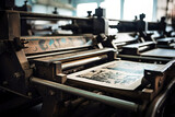 old printing press close-up against the background of typography production workshop
