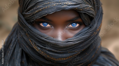 a close up of a woman's face with a scarf on her head and blue eyes in the middle of the image.