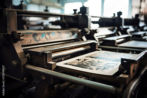old printing press close-up against the background of typography production workshop