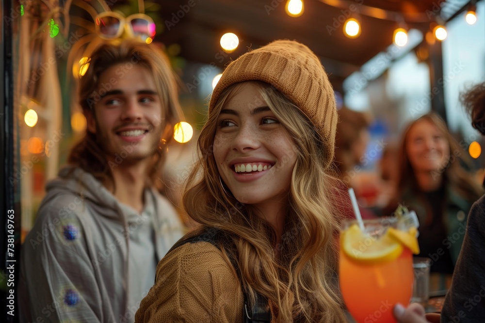 Charming young woman raising a toast with a citrus cocktail, surrounded by the glow of evening lights and friends Charming young woman raising a toast with a citrus cocktail, surrounded by the glow of evening lights and friends