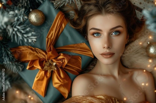a woman with blue eyes laying in front of a christmas tree with a gold bow on it's head. photo