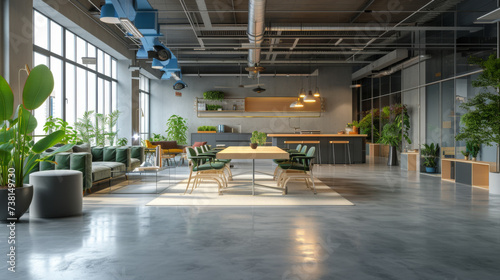 modern office meeting room with a large wooden table  green chairs  and a green living wall  surrounded by glass partitions and adjacent office spaces.